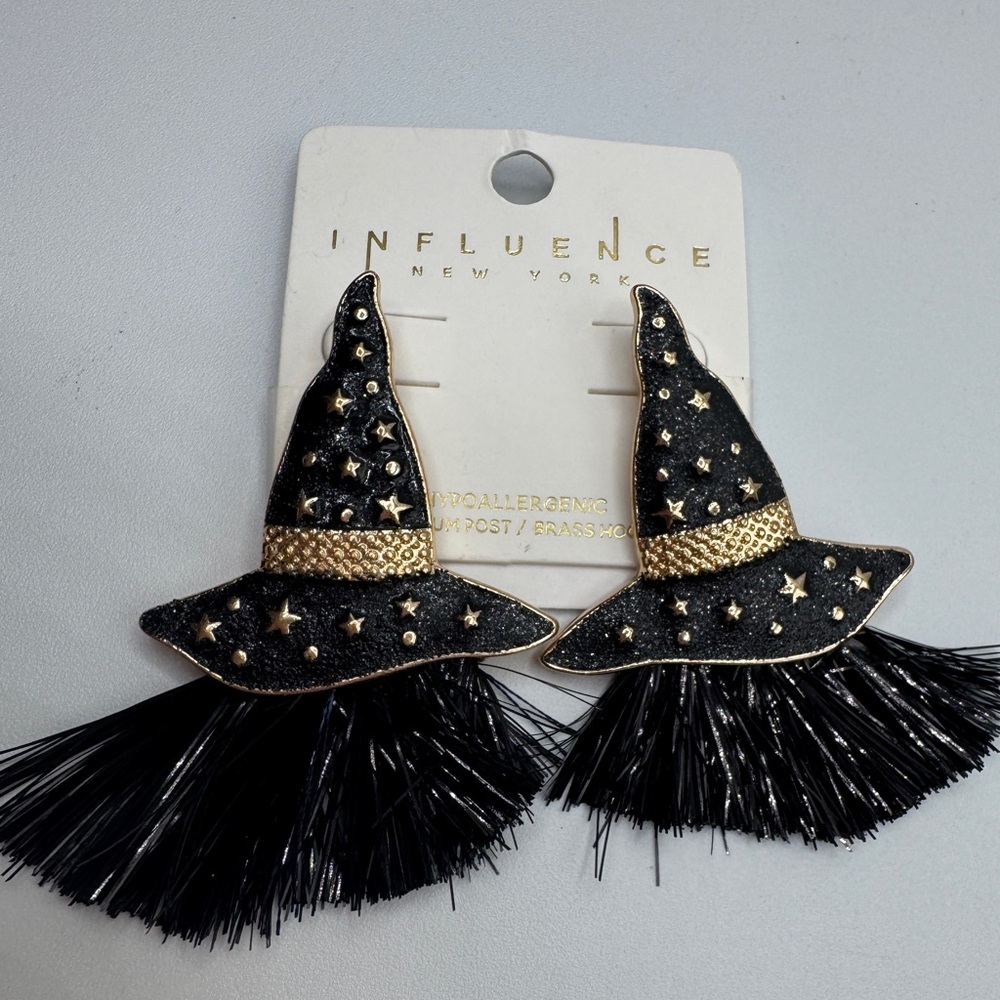 Halloween Black and Gold Witch Hat Earrings